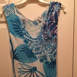 Cache Blue/White beaded Sleeveless Sweater - XS